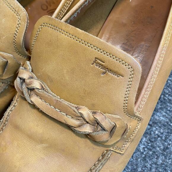 Salvatore Ferragamo Mens 10.5 Tan Leather Almond Toe Slip on Loafers Italy Braid main image 8